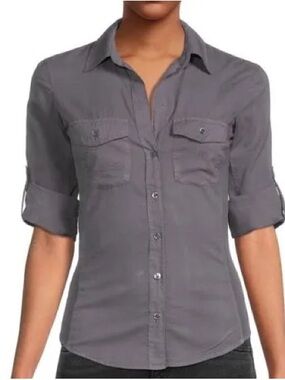 *JAMES PERSE* Dark Gray Button-Down Long Sleeve Roll Cuff 3/4 Sleeve Shirt Sz 3